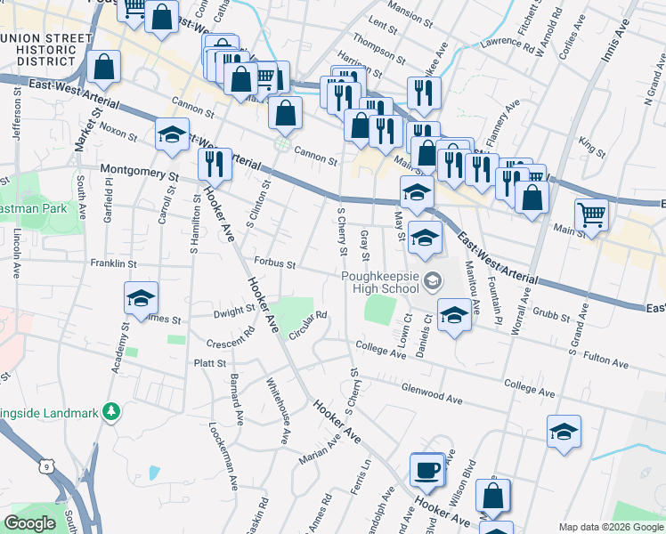 map of restaurants, bars, coffee shops, grocery stores, and more near 37 Forbus Street in Poughkeepsie