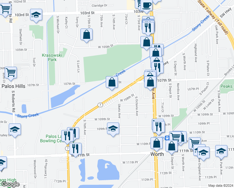 map of restaurants, bars, coffee shops, grocery stores, and more near 7405 Highway 7 in Worth