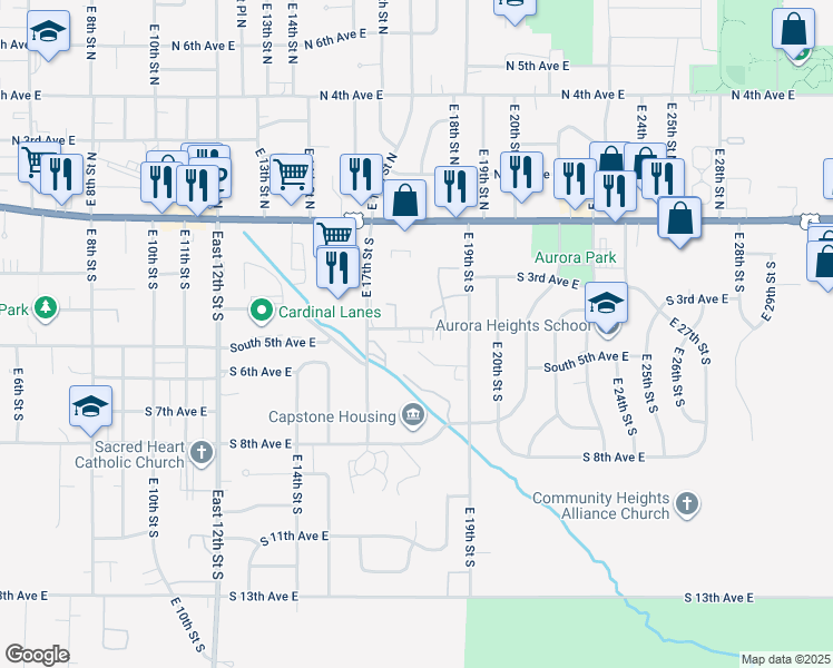 map of restaurants, bars, coffee shops, grocery stores, and more near 1715 South 4th Avenue East in Newton