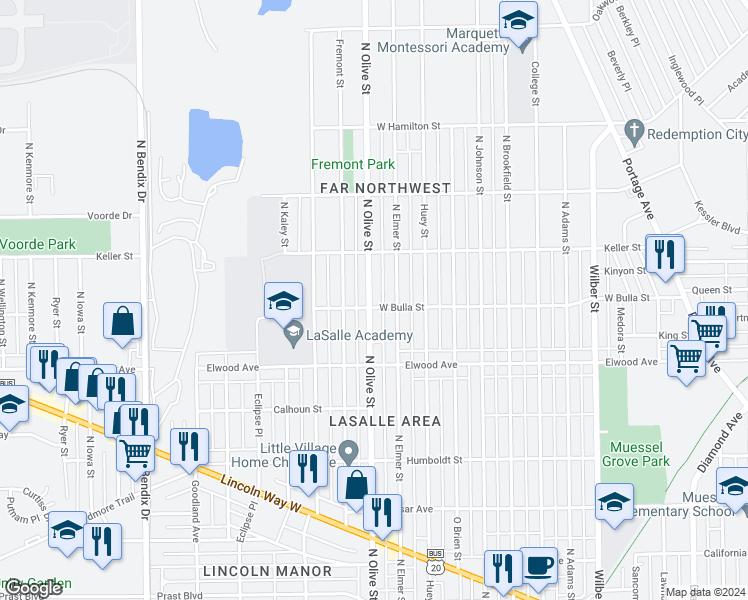 map of restaurants, bars, coffee shops, grocery stores, and more near 1608 North Olive Street in South Bend