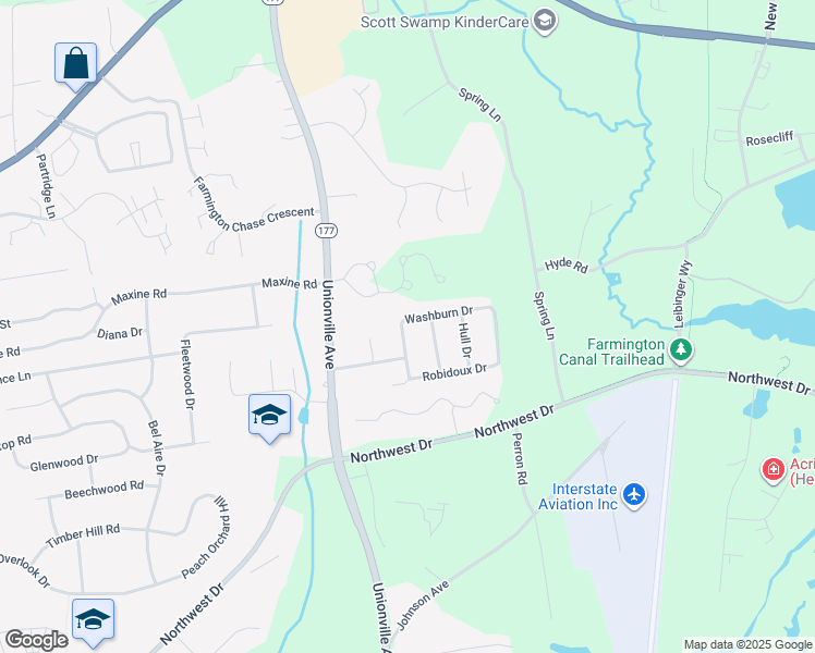 map of restaurants, bars, coffee shops, grocery stores, and more near 27 Washburn Drive in Plainville