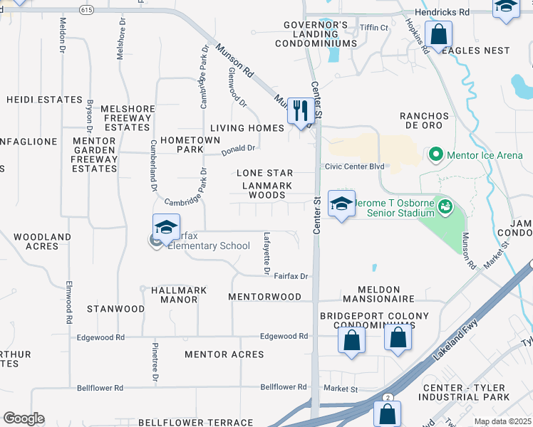 map of restaurants, bars, coffee shops, grocery stores, and more near 6400 Center Street in Mentor