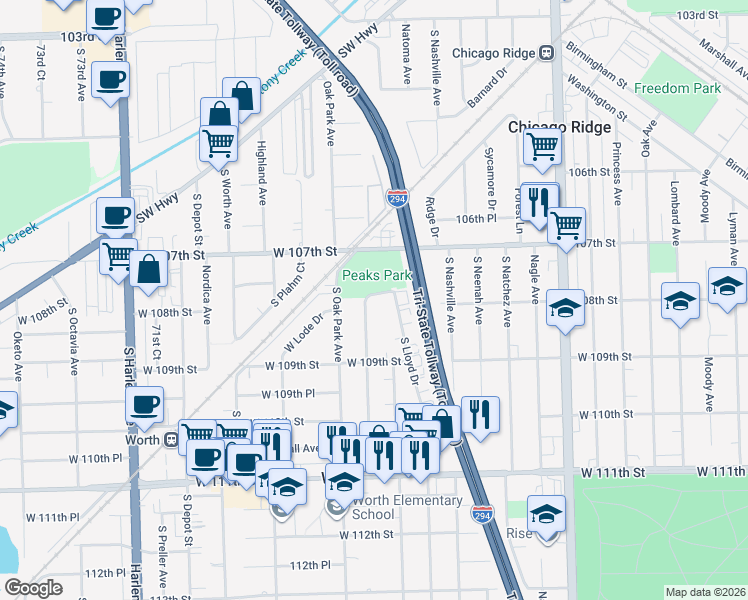 map of restaurants, bars, coffee shops, grocery stores, and more near 10733 Rutherford Avenue in Worth