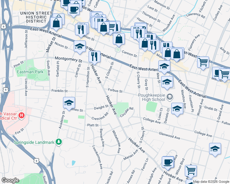 map of restaurants, bars, coffee shops, grocery stores, and more near 11 Hanscom Avenue in Poughkeepsie