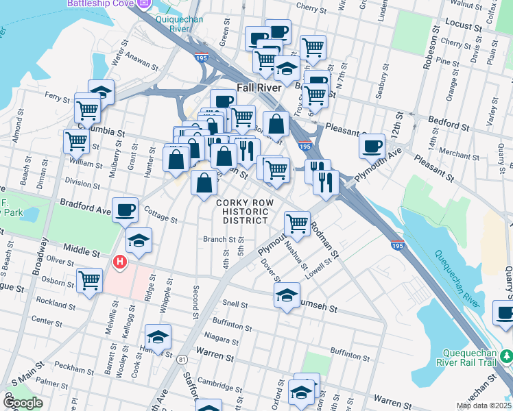 map of restaurants, bars, coffee shops, grocery stores, and more near 270 Morgan Street in Fall River