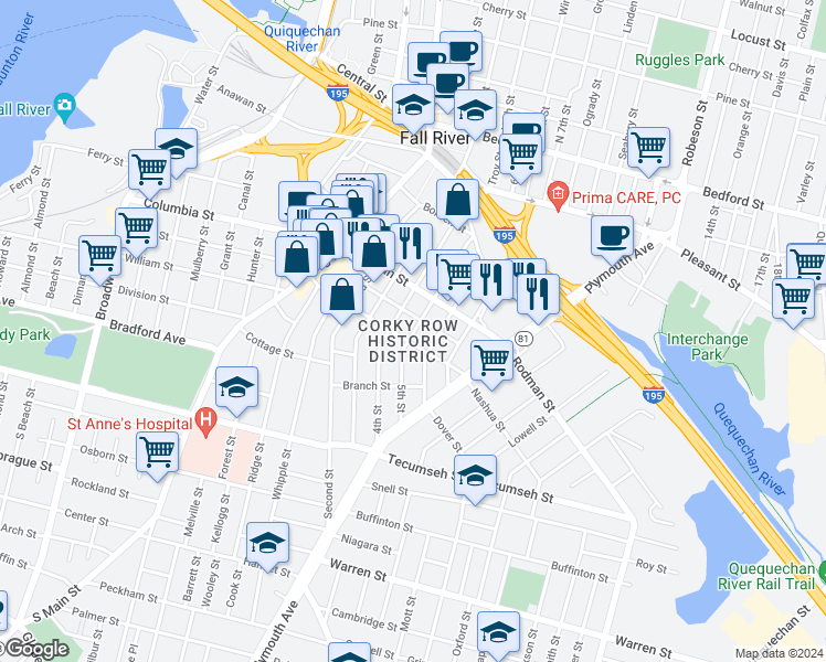 map of restaurants, bars, coffee shops, grocery stores, and more near 270 Morgan Street in Fall River
