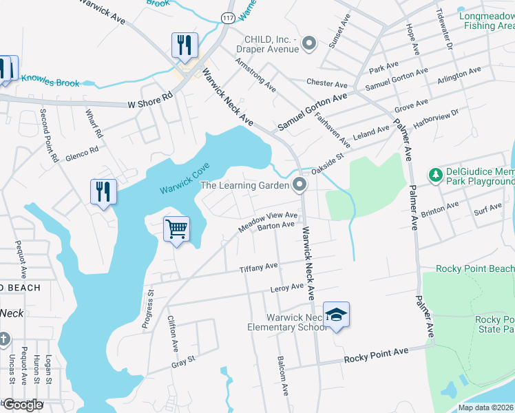map of restaurants, bars, coffee shops, grocery stores, and more near 76 Charlestown Avenue in Warwick