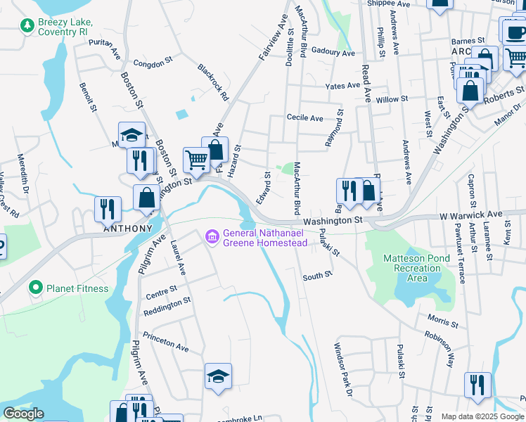 map of restaurants, bars, coffee shops, grocery stores, and more near 511 Washington Street in Coventry