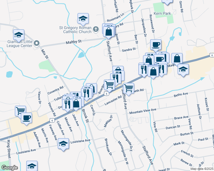 map of restaurants, bars, coffee shops, grocery stores, and more near 1001 Farmington Avenue in Bristol