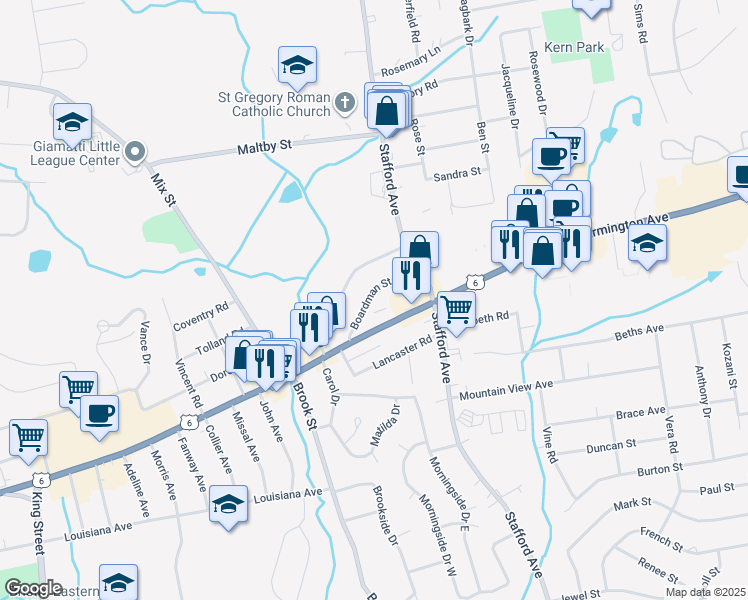 map of restaurants, bars, coffee shops, grocery stores, and more near 1001 Farmington Avenue in Bristol