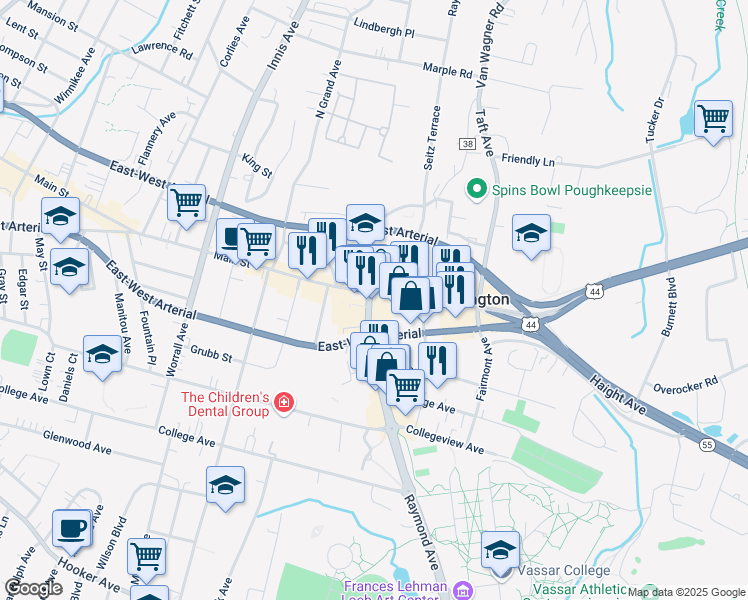 map of restaurants, bars, coffee shops, grocery stores, and more near 800 Main Street in Poughkeepsie