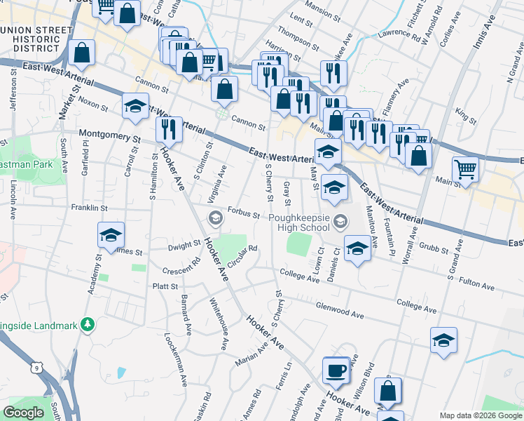 map of restaurants, bars, coffee shops, grocery stores, and more near 37 Forbus Street in Poughkeepsie
