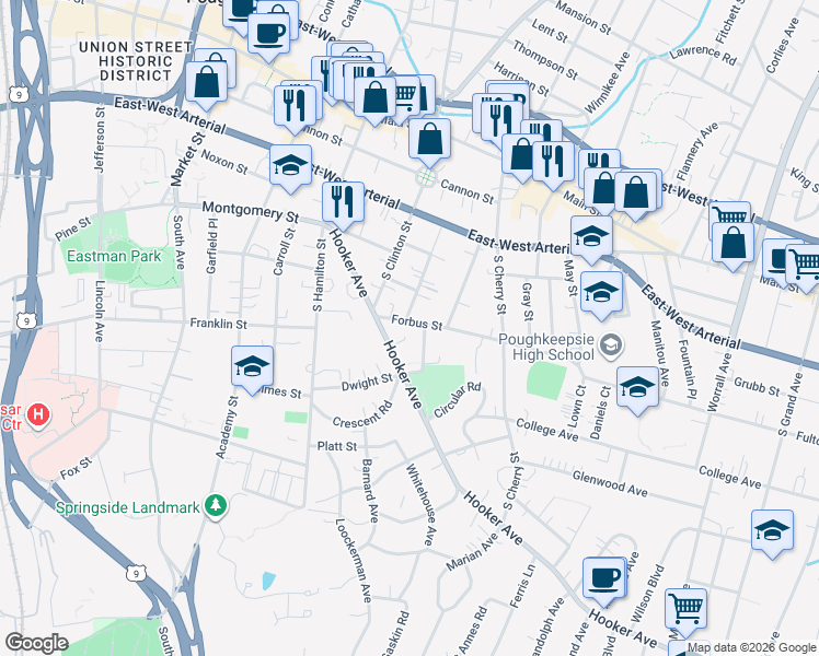 map of restaurants, bars, coffee shops, grocery stores, and more near 11 Hanscom Avenue in Poughkeepsie