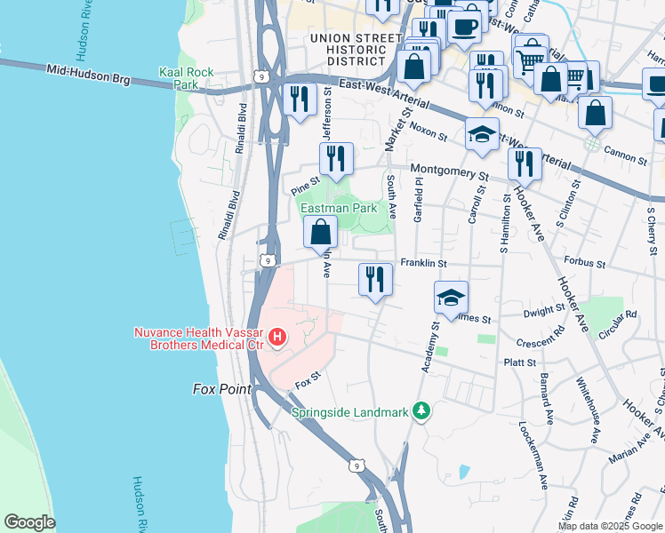 map of restaurants, bars, coffee shops, grocery stores, and more near 46 Lincoln Avenue in Poughkeepsie
