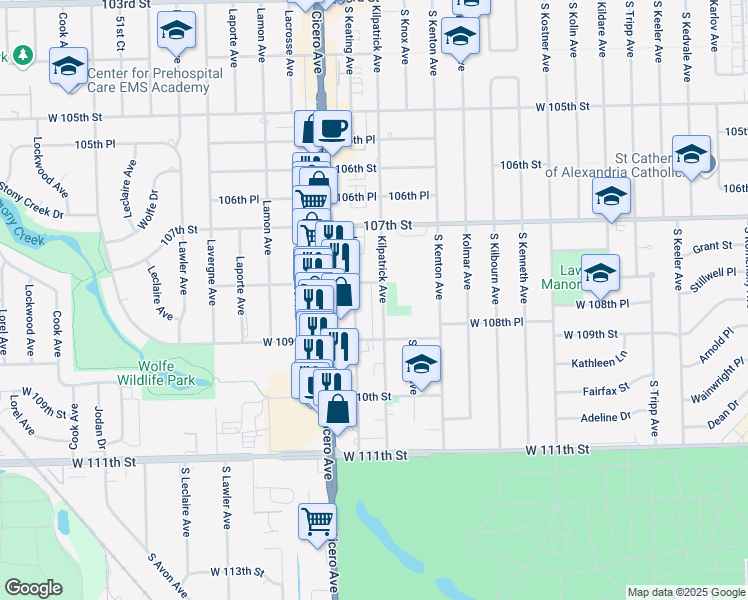 map of restaurants, bars, coffee shops, grocery stores, and more near 10830 Kilpatrick Avenue in Oak Lawn