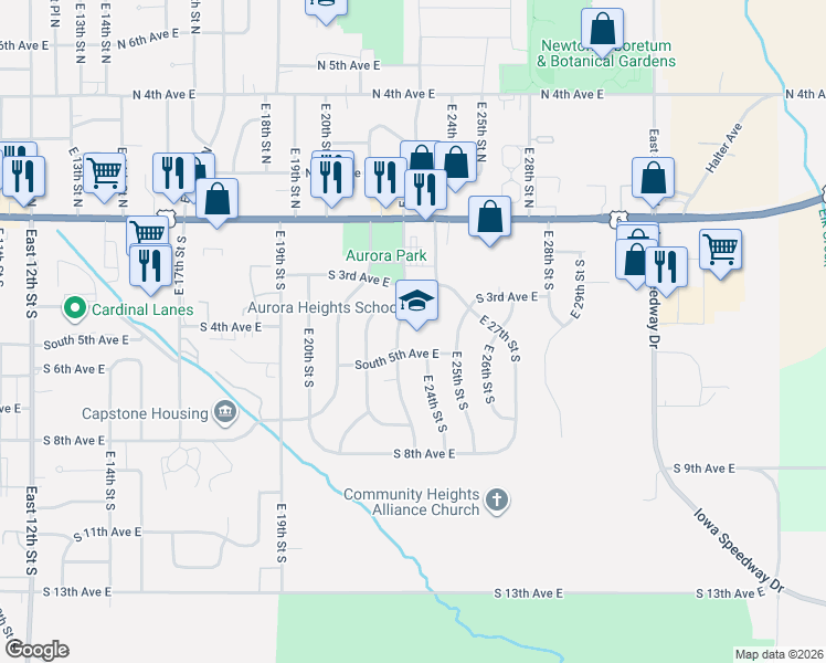 map of restaurants, bars, coffee shops, grocery stores, and more near 2303 South 5th Avenue East in Newton