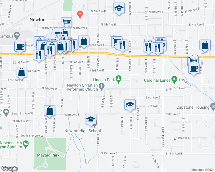 map of restaurants, bars, coffee shops, grocery stores, and more near 519 South 5th Avenue East in Newton