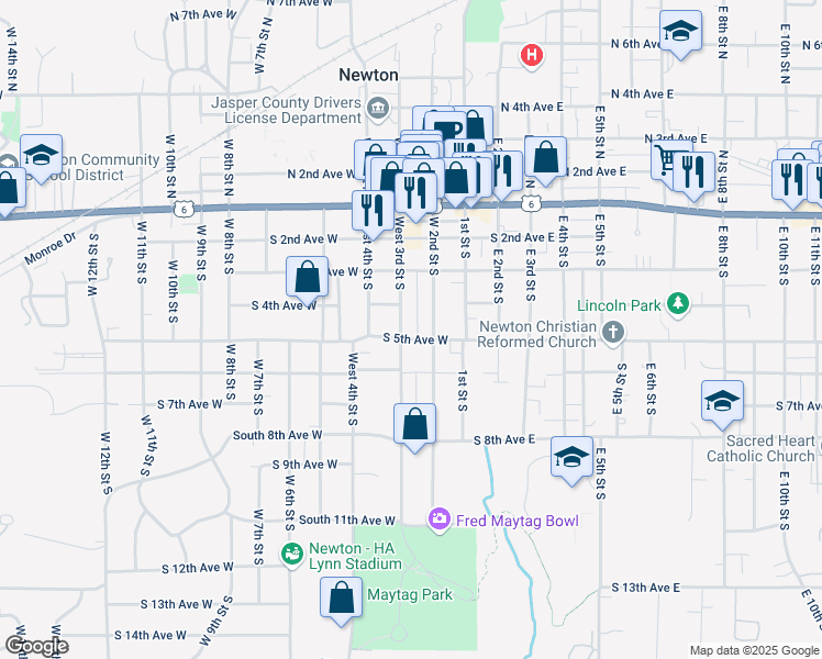 map of restaurants, bars, coffee shops, grocery stores, and more near 502 West 3rd Street South in Newton