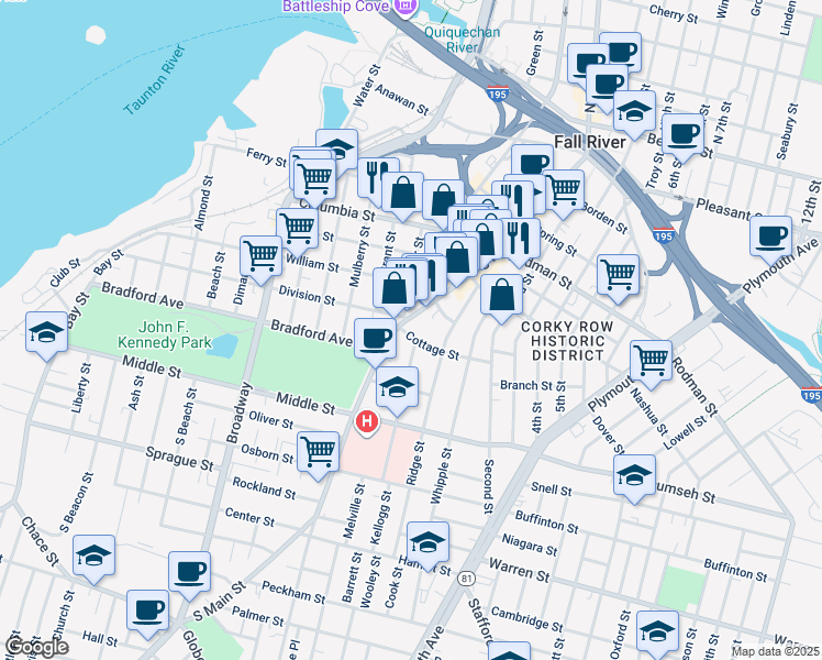 map of restaurants, bars, coffee shops, grocery stores, and more near 594 South Main Street in Fall River