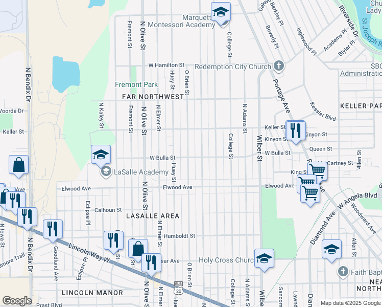 map of restaurants, bars, coffee shops, grocery stores, and more near 1606 Obrien Street in South Bend