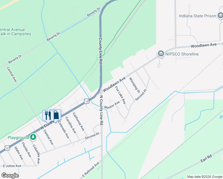 map of restaurants, bars, coffee shops, grocery stores, and more near 1115 Woodlawn Avenue in Michigan City