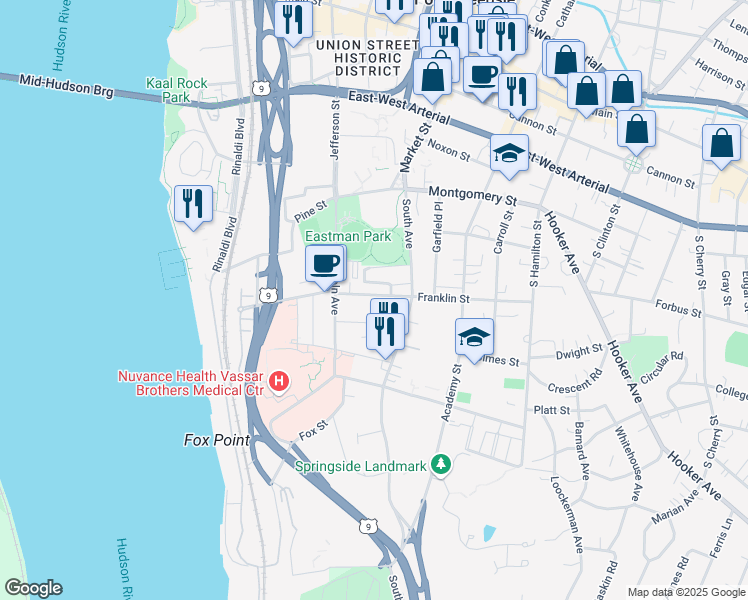 map of restaurants, bars, coffee shops, grocery stores, and more near 28 Franklin Street in Poughkeepsie