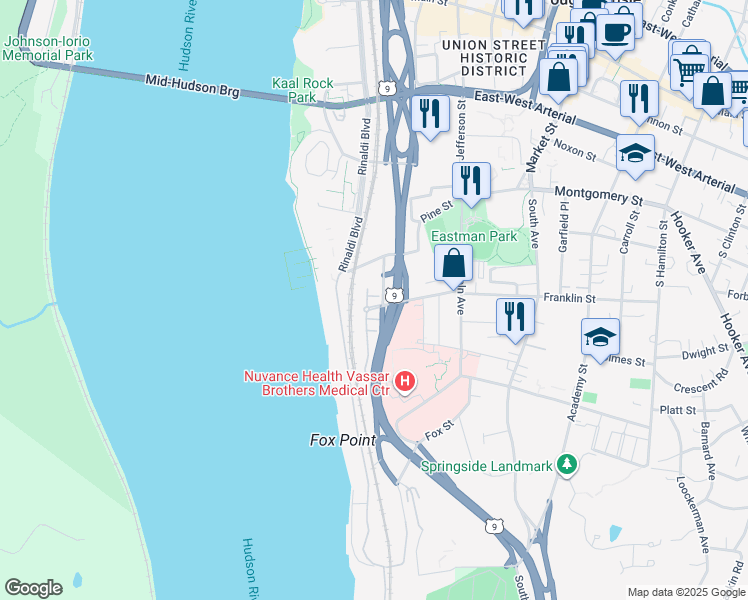 map of restaurants, bars, coffee shops, grocery stores, and more near 308 Bridgeview Drive in Poughkeepsie