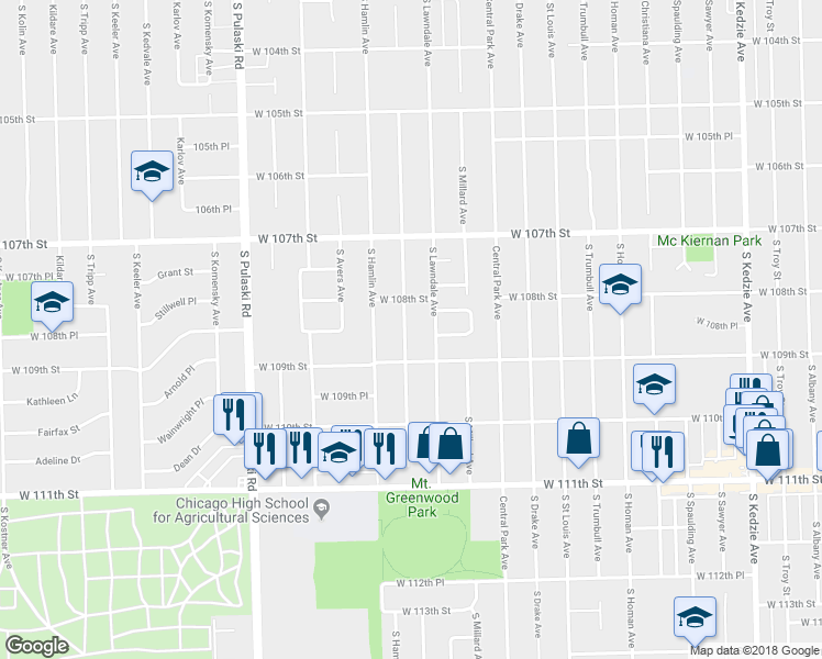 map of restaurants, bars, coffee shops, grocery stores, and more near 10829 South Ridgeway Avenue in Chicago