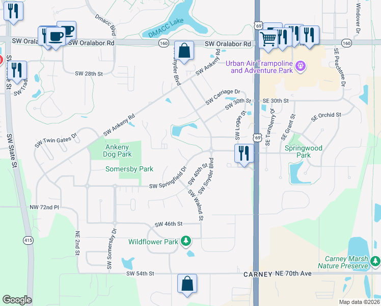 map of restaurants, bars, coffee shops, grocery stores, and more near 519 Southwest Springfield Drive in Ankeny