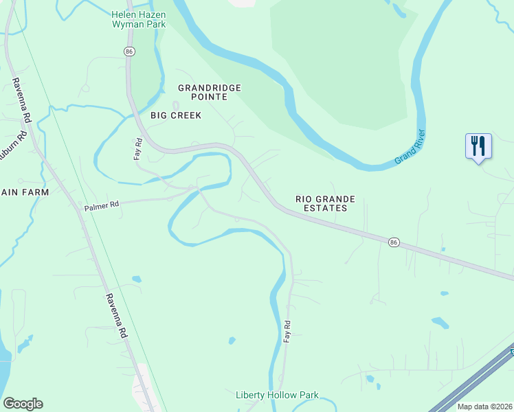 map of restaurants, bars, coffee shops, grocery stores, and more near 6380 Painesville Warren Road in Painesville