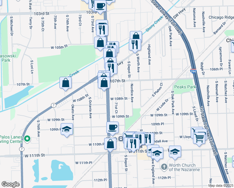 map of restaurants, bars, coffee shops, grocery stores, and more near 7112 West 108th Street in Worth