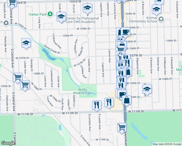 map of restaurants, bars, coffee shops, grocery stores, and more near 10809 Lawler Avenue in Oak Lawn