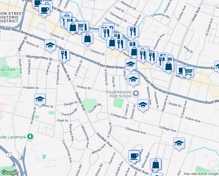 map of restaurants, bars, coffee shops, grocery stores, and more near 140 South Cherry Street in Poughkeepsie