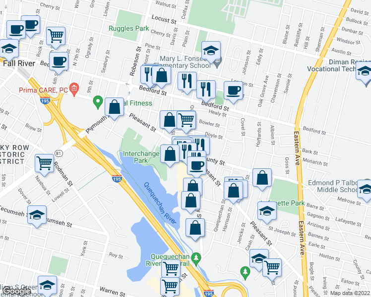 map of restaurants, bars, coffee shops, grocery stores, and more near 910 Pleasant Street in Fall River