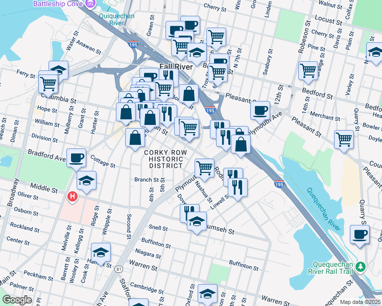 map of restaurants, bars, coffee shops, grocery stores, and more near 287 Hartwell Street in Fall River