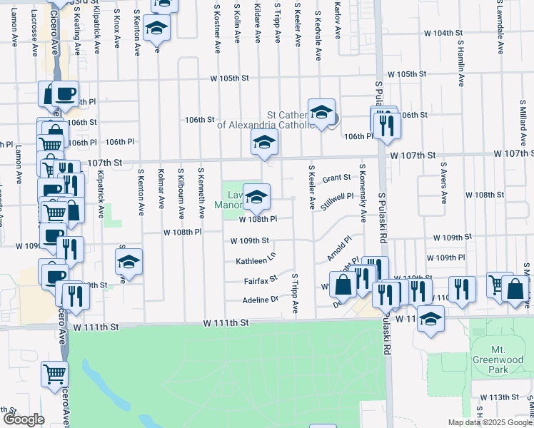 map of restaurants, bars, coffee shops, grocery stores, and more near 4240 West 108th Place in Oak Lawn