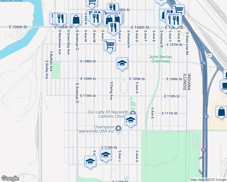 map of restaurants, bars, coffee shops, grocery stores, and more near 10945 South Ewing Avenue in Chicago
