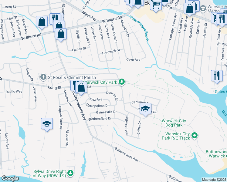 map of restaurants, bars, coffee shops, grocery stores, and more near 92 Duncan Circle in Warwick