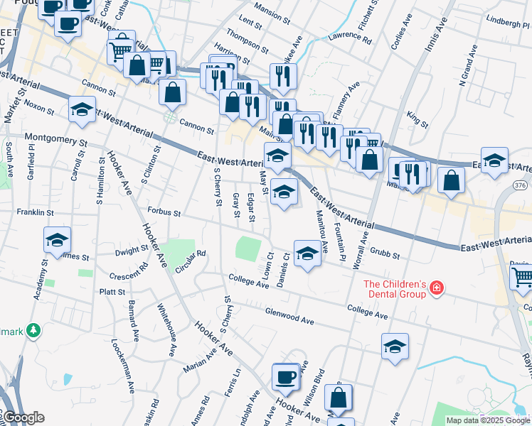 map of restaurants, bars, coffee shops, grocery stores, and more near 37 May Street in Poughkeepsie