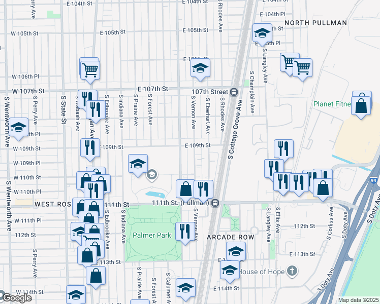 map of restaurants, bars, coffee shops, grocery stores, and more near 10931 South Vernon Avenue in Chicago