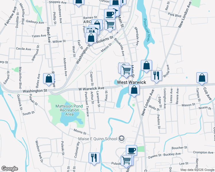 map of restaurants, bars, coffee shops, grocery stores, and more near 63 West Warwick Avenue in West Warwick