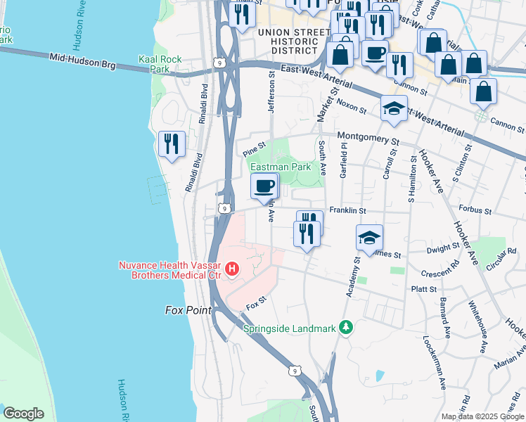 map of restaurants, bars, coffee shops, grocery stores, and more near 37 Columbia Street in Poughkeepsie