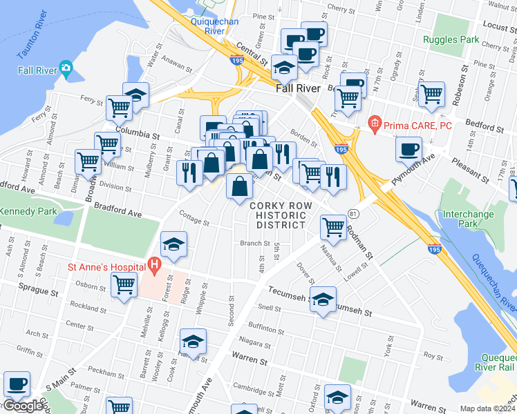 map of restaurants, bars, coffee shops, grocery stores, and more near 380 4th Street in Fall River