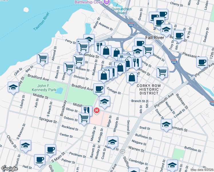 map of restaurants, bars, coffee shops, grocery stores, and more near 640 South Main Street in Fall River