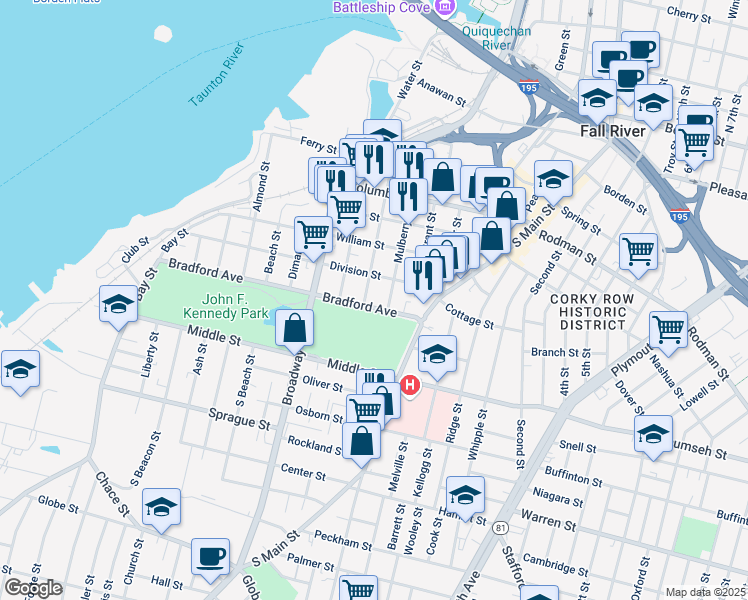 map of restaurants, bars, coffee shops, grocery stores, and more near 498 Bradford Avenue in Fall River