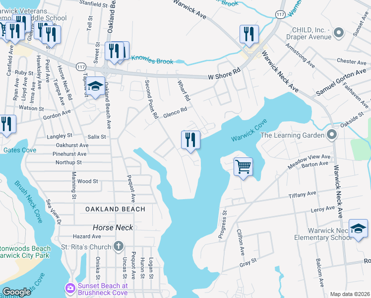 map of restaurants, bars, coffee shops, grocery stores, and more near 205 Second Point Road in Warwick