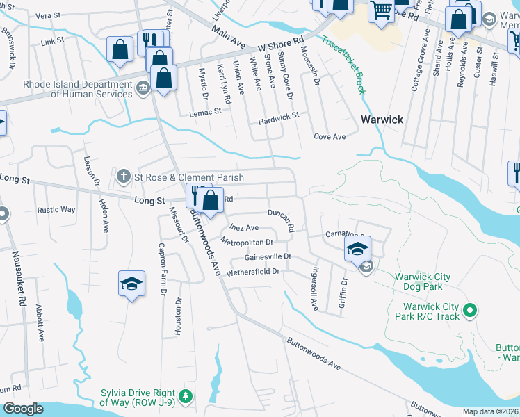 map of restaurants, bars, coffee shops, grocery stores, and more near 49 Duncan Road in Warwick