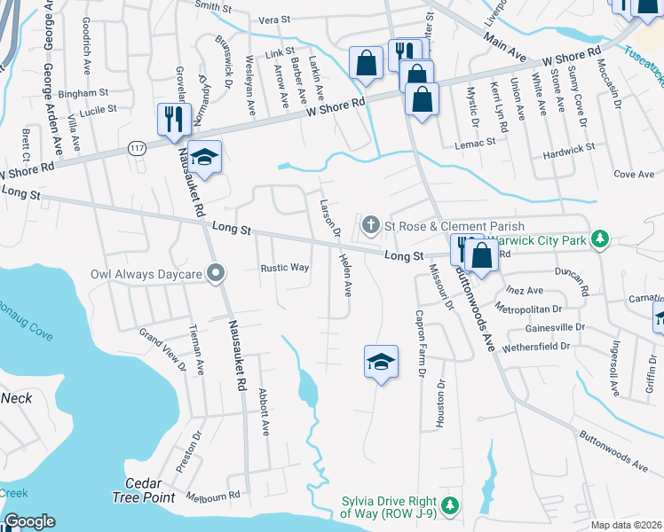 map of restaurants, bars, coffee shops, grocery stores, and more near 43 Bakers Creek Road in Warwick