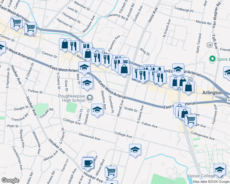 map of restaurants, bars, coffee shops, grocery stores, and more near 43 Fountain Place in Poughkeepsie