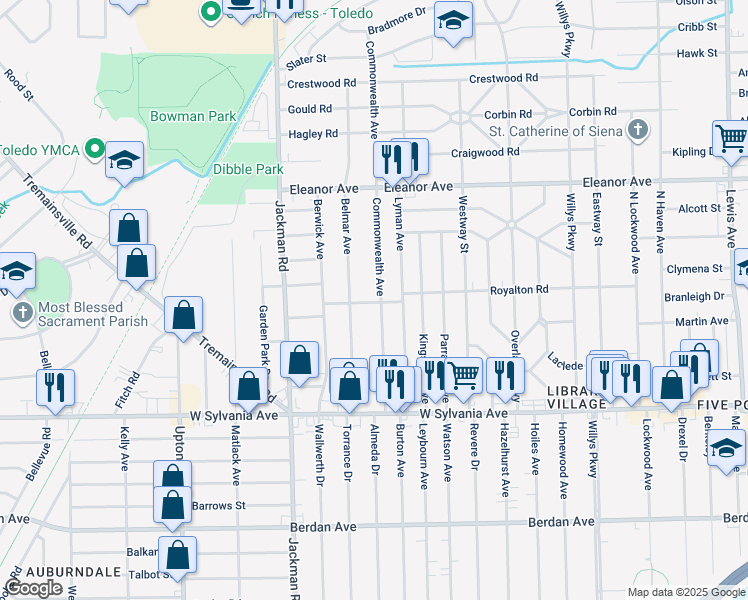 map of restaurants, bars, coffee shops, grocery stores, and more near 4218 Belmar Avenue in Toledo
